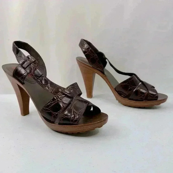 KORS by Michael Kors Women’s Brown Snake Leather Platform Heels Sandals Size 9M - Picture 1 of 13